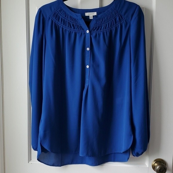 MAX STUDIO BLUE BOJO SMOCKED NECK PEASANT TOP BLOUSE SIZE SMALL LONG SLEEVE - Picture 1 of 8